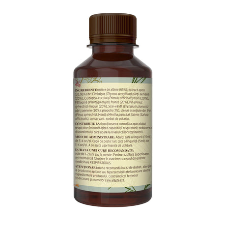 Imagine din lateral stânga al Siropului Respiratorus cu Miere și Propolis 200 ml, cu detalii despre ingrediente, proprietăți, mod de utilizare, dar și contraindicații
