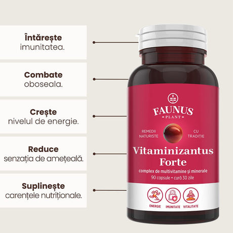 Flacon capsule Vitaminizantus Forte de la Faunus Plant fotografiat din față, având alături beneficiile ilustrate grafic: îmbunătățirea imunității, combaterea oboselii, creșterea nivelului de energie, reducerea senzației de amețeală și suplinirea carențelor nutriționale.