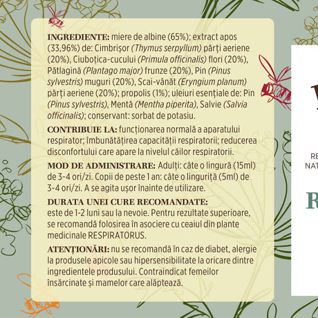 Eticheta desfășurată stânga cu ingredientele Sirop Respiratorus cu Miere și Propolis 200ml, mod de administrare, durata unei cure recomandate și contraindicații pentru utilizatori.
