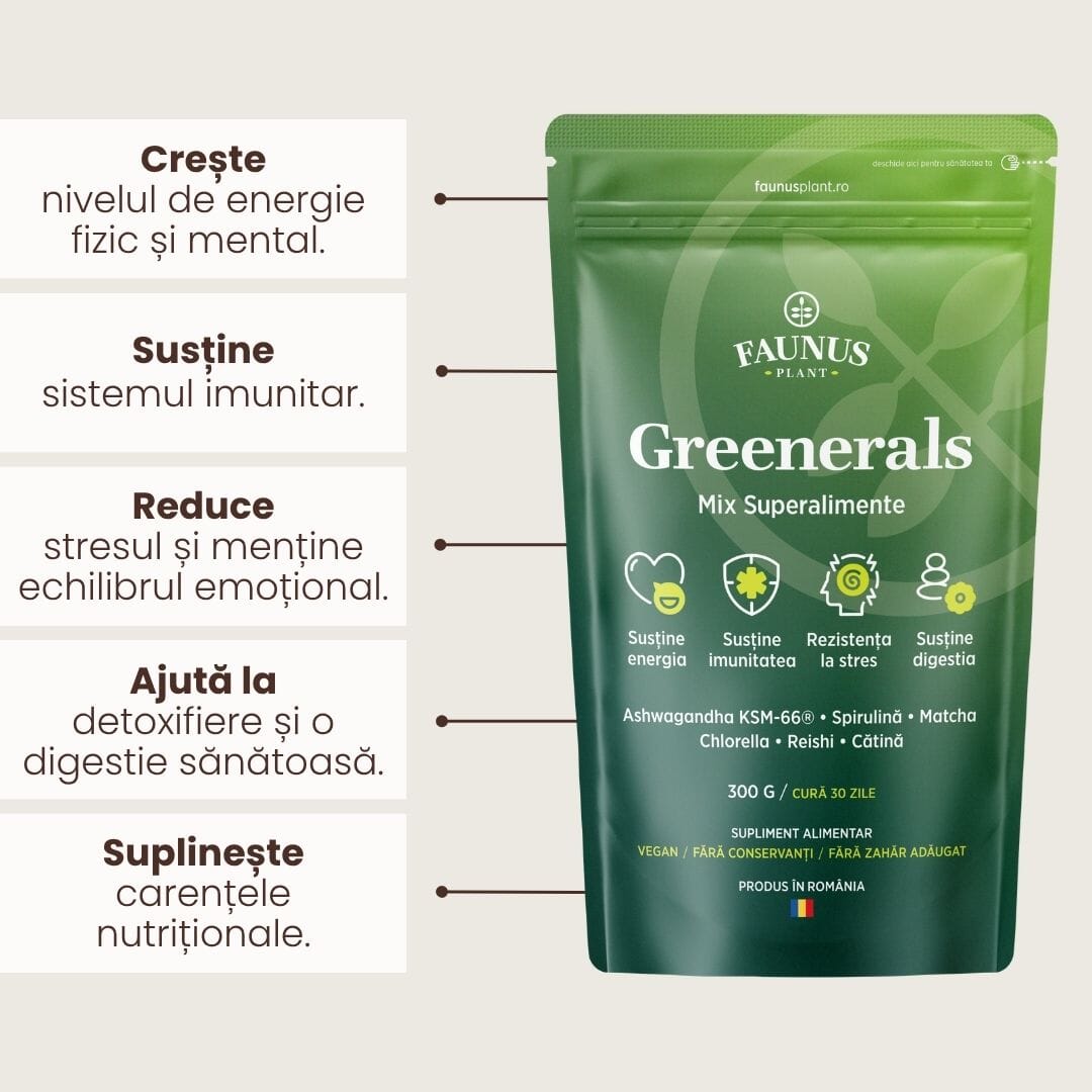 Beneficii-cheie pentru Greenerals de la Faunus Plant, listate unul sub altul, în chenar alb, alături de ambalajul produsului fotografiat din față.