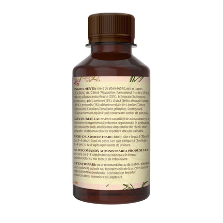 Imagine din lateral stânga cu Siropul Vitaminizantus cu Miere și Propolis 200 ml, cu detalii despre ingrediente, proprietăți, mod de utilizare, dar și contraindicații